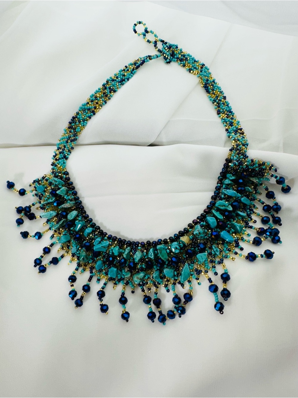 Handcrafted Turquoise & Blue Beaded Fringe Necklace